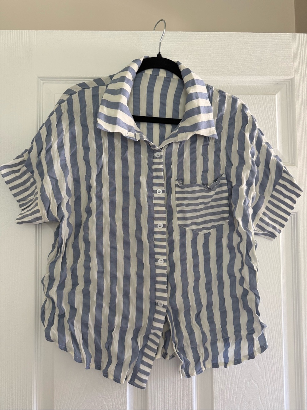 SHEIN Light Blue and White Striped Button-Up Shirt